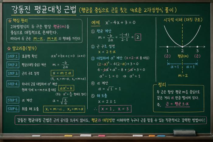 강동진 평균대칭 근법: 평균을 중심으로 근을 찾는 새로운 2차방정식 풀이, 근의 공식 외워 답다는 교육 깨부숴야 챗GPT,완전제곱을 ‘평균-대칭 구조’로 직관화한 설명 모델