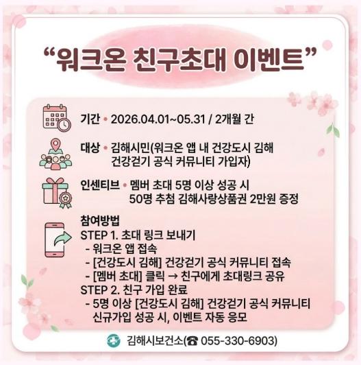친구초대하고 선물 받으세요! 김해시보건소, ‘워크온’ 친구초대 가입 이벤트 추진 