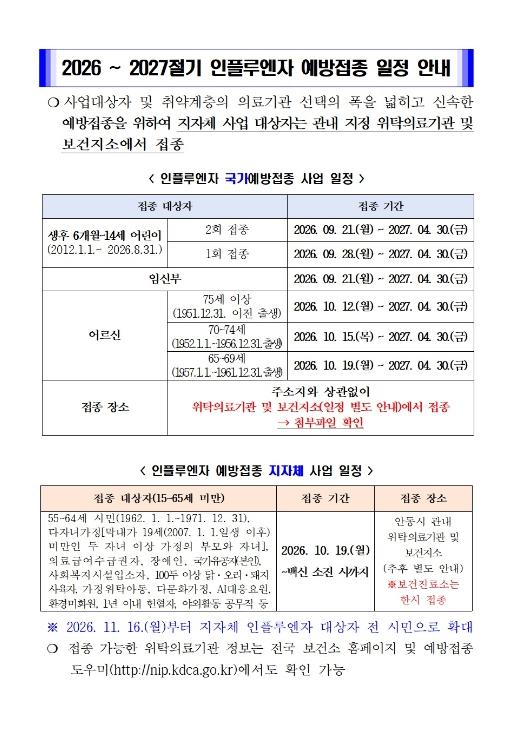 안동시, 인플루엔자 무료 예방접종 21일부터 실시