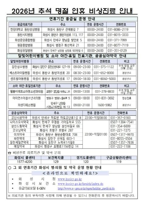 화성특례시, 추석 연휴 응급진료대책 가동...24시간 응급진료체계 유지