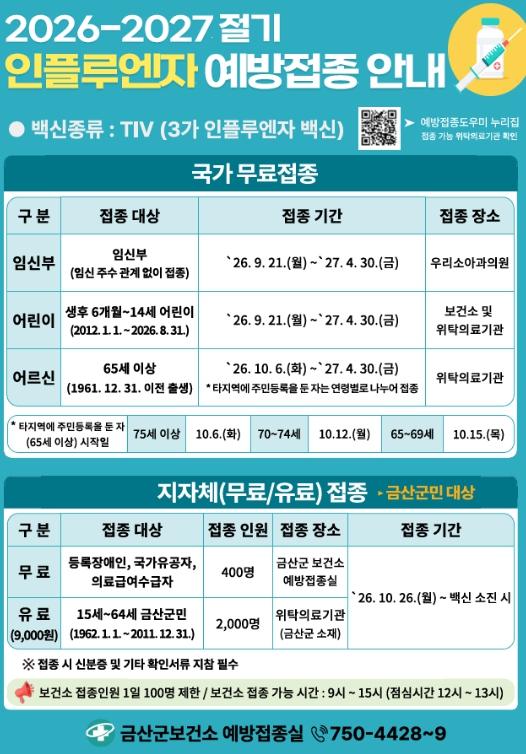 금산군보건소, 2026-2027절기 인플루엔자(독감) 예방접종