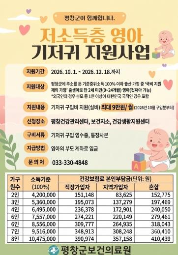 평창군, 10월부터 첫째아 저소득층 영아 기저귀 지원 확대